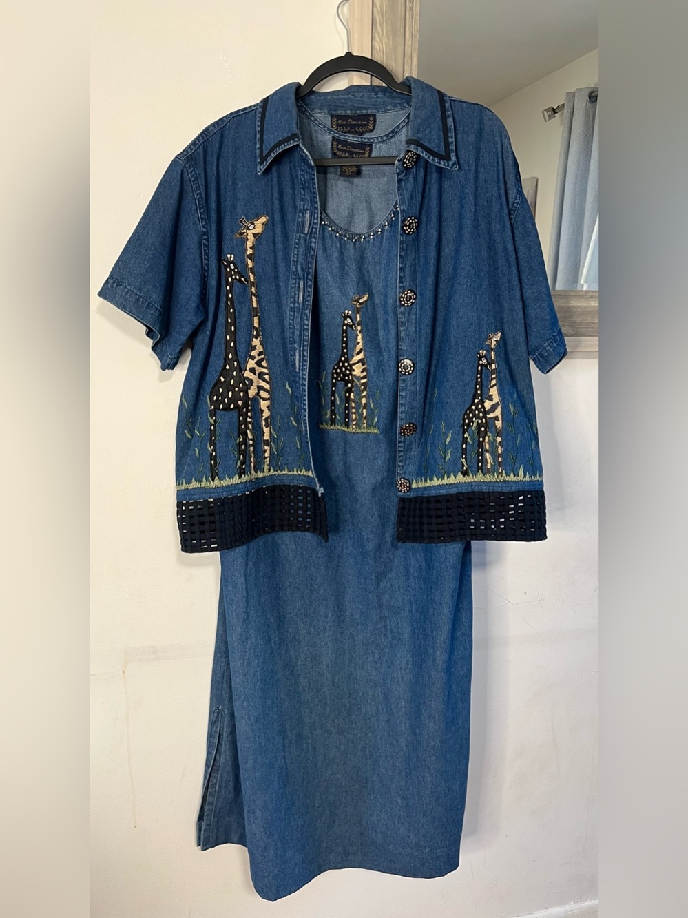 new directions Blue Denim Giraffe Embroidered Dress and Jacket Set